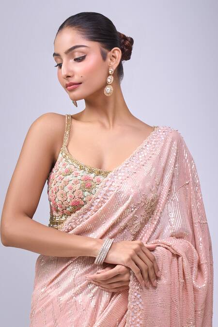 Buy_Azeera_Pink Sequins, Embroidery, Zari Saree With Unstitched Blouse Piece_Online_at_Aza_Fashions