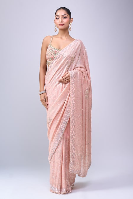 Buy_Azeera_Pink Sequins, Embroidery, Zari Saree With Unstitched Blouse Piece