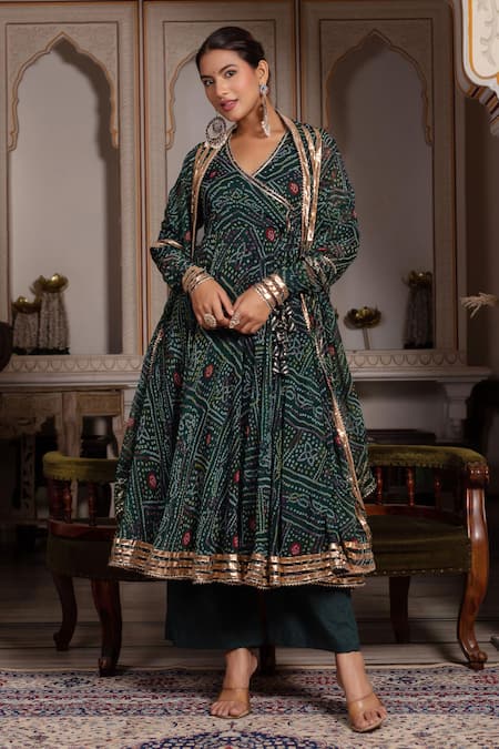 Pomcha Jaipur Green Georgette, Cotton Gota Patti, Sequins V-neck Angrakha Set