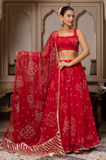 Pomcha Jaipur Red Georgette Gota Patti, Embroidery Square Neck Bandhej Work Lehenga Set 