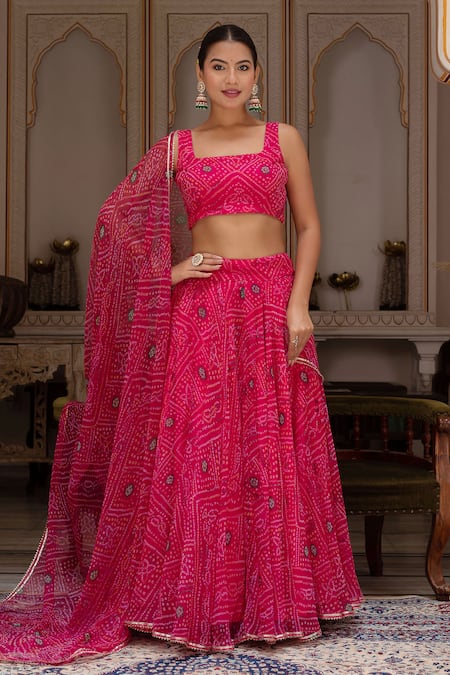 Pomcha Jaipur Pink Georgette Sequins, Mirrors Square Neck Bandhej Lehenga Set 