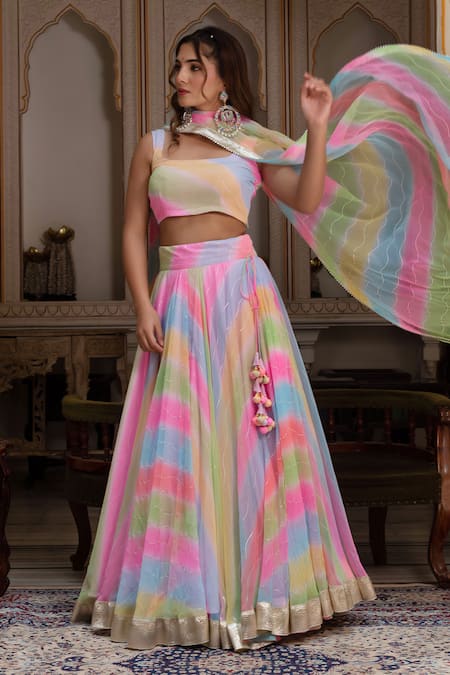 Buy_Pomcha Jaipur_Multi Color Georgette Tassels Square Multicolor Leheriya Gota Patti Lehenga Set 