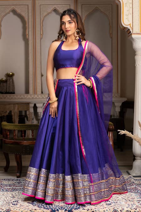 Pomcha Jaipur Blue Taffeta, Silk, Net Gota Patti Halter Neck Lehenga Set