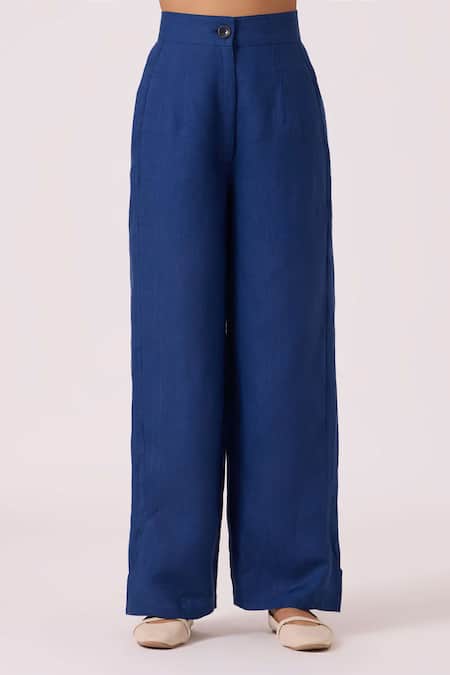 Buy_The Summer House_Blue Linen Aldous Ink High Waist Pant _Online_at_Aza_Fashions