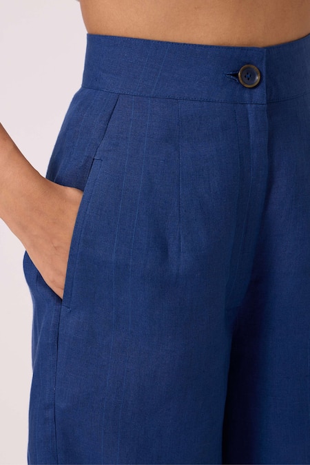 The Summer House_Blue Linen Aldous Ink High Waist Pant _at_Aza_Fashions