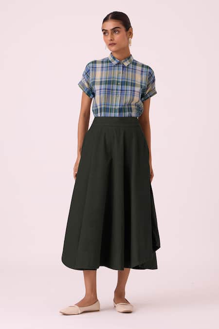 The Summer House_Green Corduroy, Cotton Boga Needlecord Flared Skirt _Online_at_Aza_Fashions