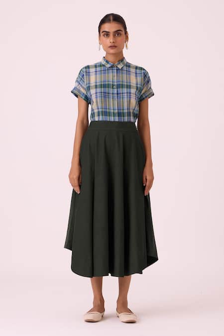 Shop_The Summer House_Green Corduroy, Cotton Boga Needlecord Flared Skirt _Online_at_Aza_Fashions