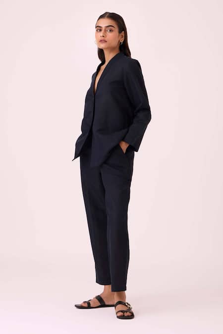 The Summer House Black Linen, Cotton V-neck Darcy Jacket Online at Aza Fashions The Summer House_Black Linen, Cotton V-neck Darcy Jacket _Online_at_Aza_Fashions