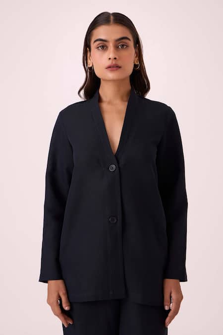 Shop The Summer House Black Linen, Cotton V-neck Darcy Jacket Online at Aza Fashions Shop_The Summer House_Black Linen, Cotton V-neck Darcy Jacket _Online_at_Aza_Fashions