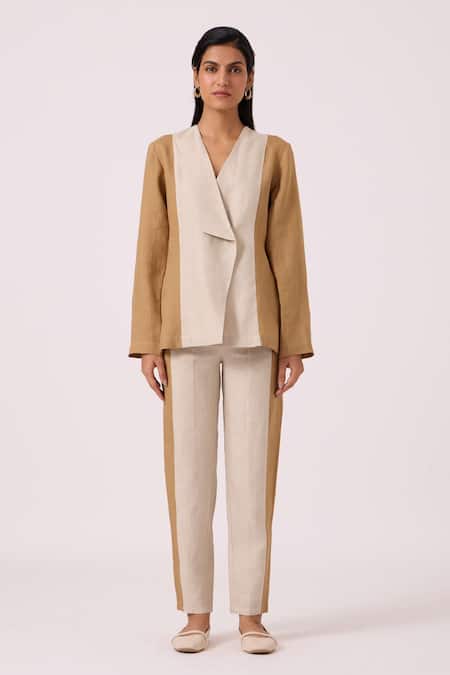 Buy The Summer House Beige Linen V-neck Dimtri Panelled Jacket And Pant Set Online at Aza Fashions Buy_The Summer House_Beige Linen V-neck Dimtri Panelled Jacket And Pant Set _Online_at_Aza_Fashions