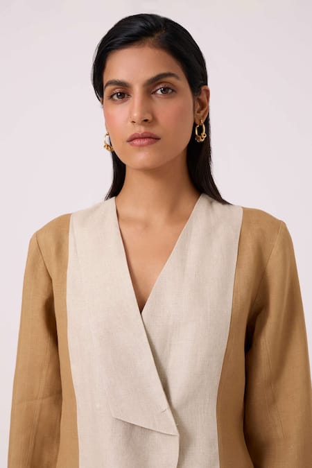 Shop The Summer House Beige Linen V-neck Dimtri Panelled Jacket And Pant Set Shop_The Summer House_Beige Linen V-neck Dimtri Panelled Jacket And Pant Set