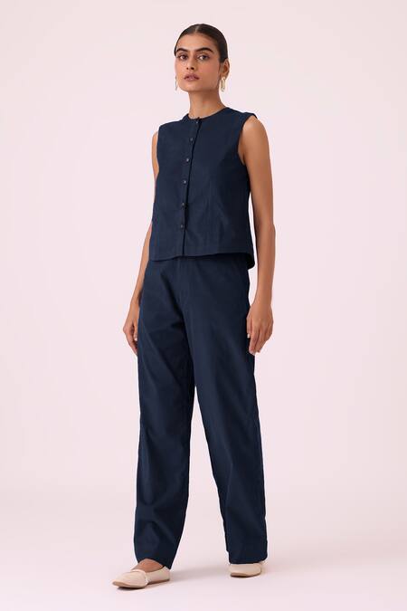 The Summer House_Navy Corduroy, Cotton Hatchi Blue Needlecord Wide Legged Pant_Online_at_Aza_Fashions