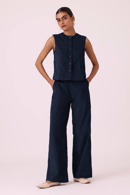 Buy_The Summer House_Navy Corduroy, Cotton Hatchi Blue Needlecord Wide Legged Pant_Online_at_Aza_Fashions