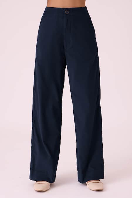 Shop_The Summer House_Navy Corduroy, Cotton Hatchi Blue Needlecord Wide Legged Pant_Online_at_Aza_Fashions