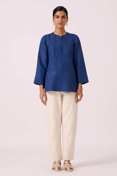 Buy The Summer House Blue Linen Round Neck Oceania Ink Breezy Top Online at Aza Fashions Buy_The Summer House_Blue Linen Round Neck Oceania Ink Breezy Top _Online_at_Aza_Fashions