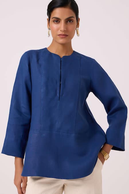 Shop The Summer House Blue Linen Round Neck Oceania Ink Breezy Top Online at Aza Fashions Shop_The Summer House_Blue Linen Round Neck Oceania Ink Breezy Top _Online_at_Aza_Fashions