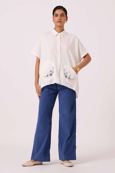 The Summer House Off White Handloom Cotton Embroidery Collared Sibyl Handwoven Shirt Online at Aza Fashions The Summer House_Off White Handloom Cotton Embroidery Collared Sibyl Handwoven Shirt _Online_at_Aza_Fashions