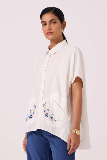 Shop The Summer House Off White Handloom Cotton Embroidery Collared Sibyl Handwoven Shirt Online at Aza Fashions Shop_The Summer House_Off White Handloom Cotton Embroidery Collared Sibyl Handwoven Shirt _Online_at_Aza_Fashions