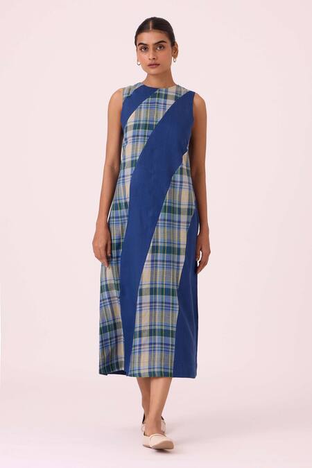 Shop_The Summer House_Blue Linen Round Neck Waltz Panelled Midi Dress _Online_at_Aza_Fashions