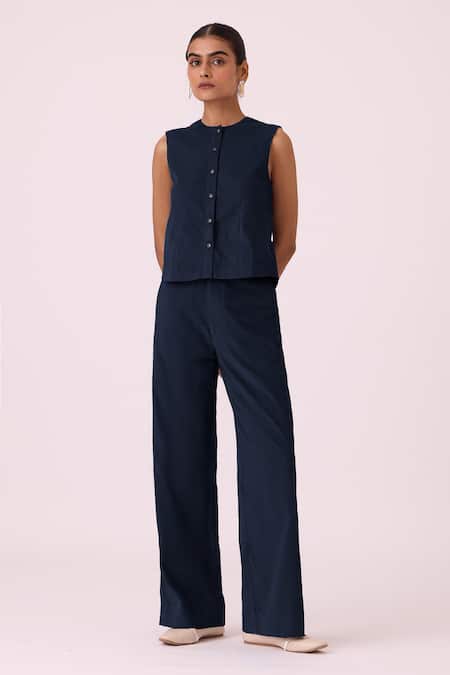 The Summer House Blue Linen Round Neck Wotton Needlecord Shirt Online at Aza Fashions The Summer House_Blue Linen Round Neck Wotton Needlecord Shirt_Online_at_Aza_Fashions