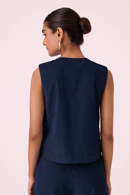 Shop The Summer House Blue Linen Round Neck Wotton Needlecord Shirt at Aza Fashions Shop_The Summer House_Blue Linen Round Neck Wotton Needlecord Shirt_at_Aza_Fashions