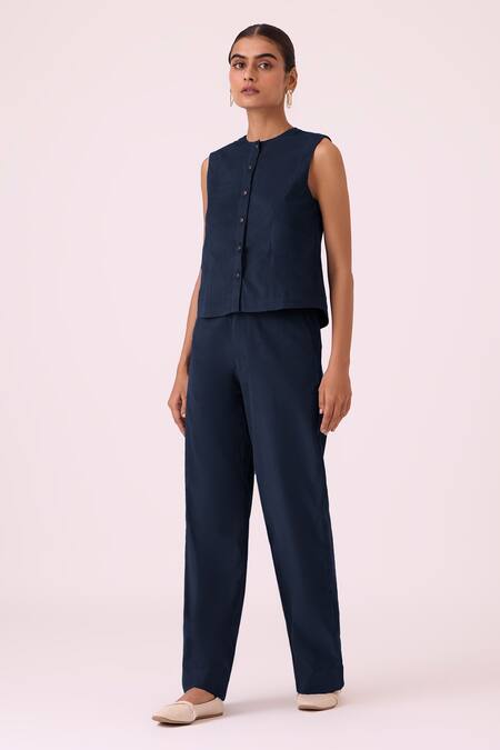 Shop The Summer House Blue Linen Round Neck Wotton Needlecord Shirt Online at Aza Fashions Shop_The Summer House_Blue Linen Round Neck Wotton Needlecord Shirt_Online_at_Aza_Fashions