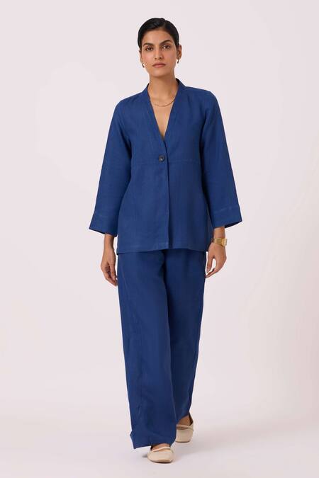 The Summer House_Blue Linen V-neck Yasnaya Ink Overlay Jacket _Online_at_Aza_Fashions