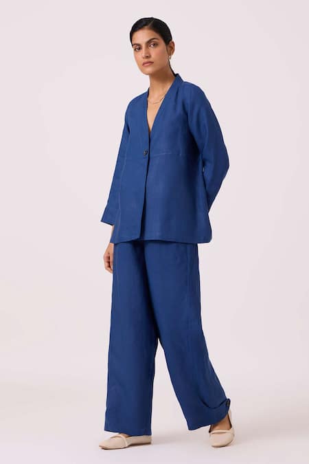 Buy_The Summer House_Blue Linen V-neck Yasnaya Ink Overlay Jacket _Online_at_Aza_Fashions