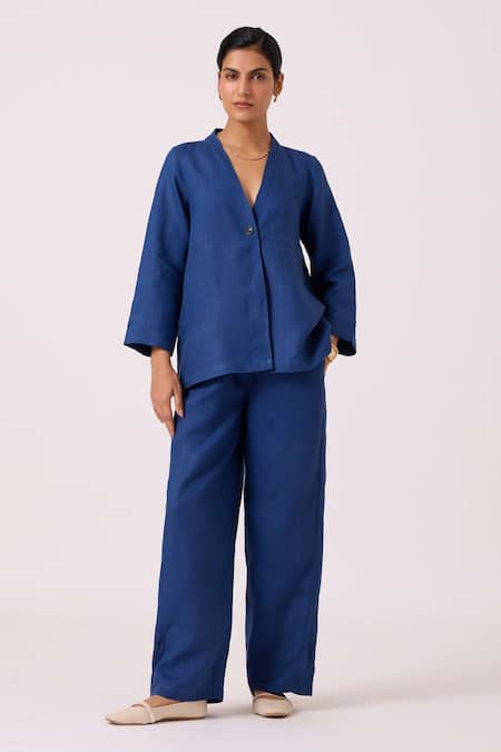 Shop_The Summer House_Blue Linen V-neck Yasnaya Ink Overlay Jacket _Online_at_Aza_Fashions