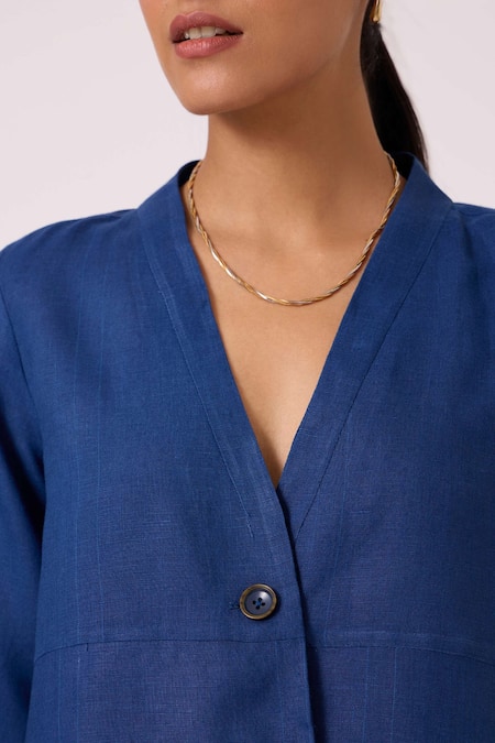 The Summer House_Blue Linen V-neck Yasnaya Ink Overlay Jacket _at_Aza_Fashions