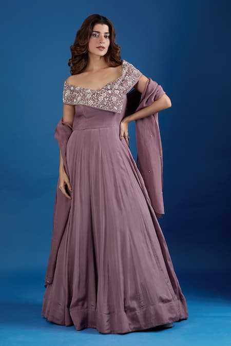 Samyukta Singhania Pink Chinon Embroidery, Sequins Off-shoulder Asymmetric Gown 