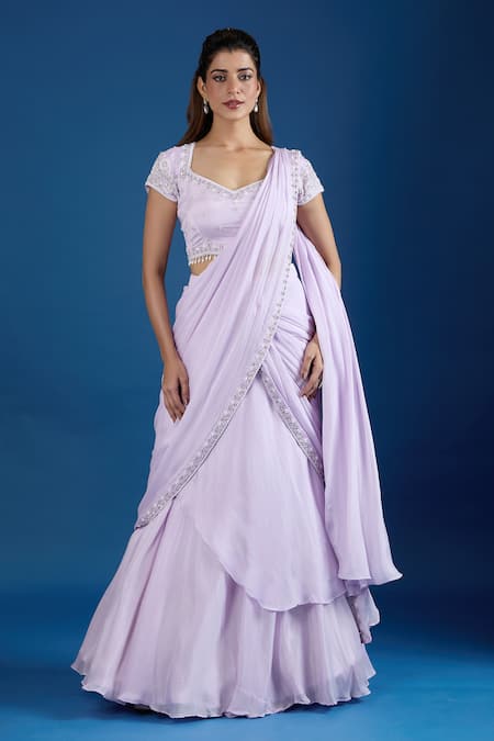 Samyukta Singhania Lilac Chinon Sequins Square Neck Embroidered Blouse With Pre-draped Saree