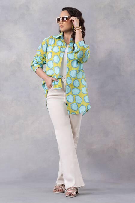 Shop_Thee Modern Roots_Yellow Cotton Collared Mango Polka Print Mul Shirt _Online_at_Aza_Fashions