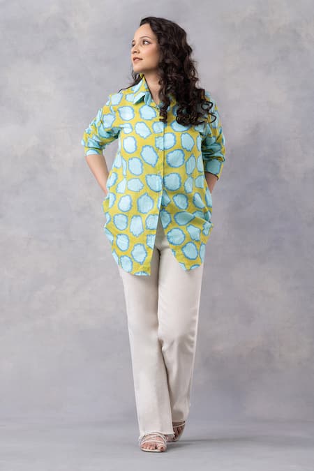 Buy_Thee Modern Roots_Yellow Cotton Collared Mango Polka Print Mul Shirt _Online_at_Aza_Fashions
