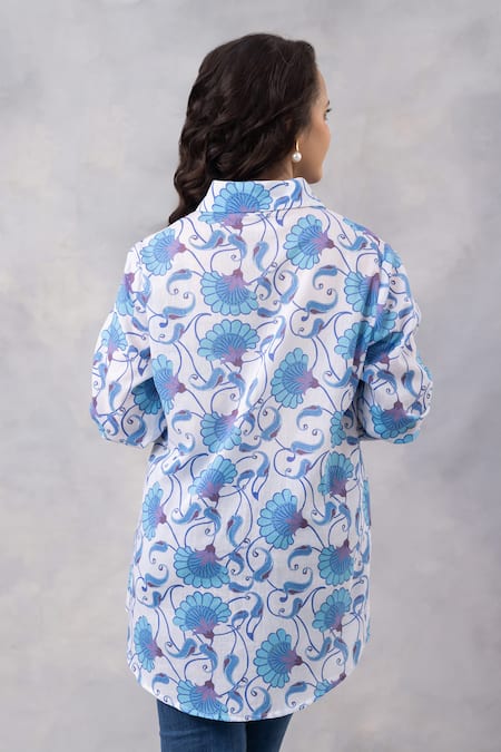 Thee Modern Roots Powder Blue Vine Cotton Mul Shirt 