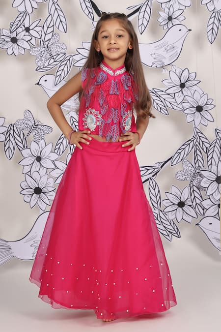 LA Dee DA Pink Bemberg, Silk, Organza Pearls, Embroidery 3d Leaf Top With Skirt 