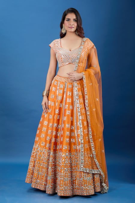 Samyukta Singhania Rust Silk, Net Mirrors, Embroidery V-neck Lehenga Set 