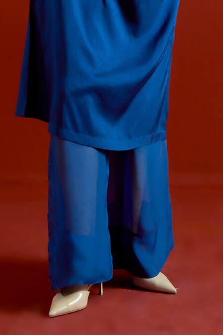 Buy_Three_Blue Silk, Organza Turtle Neck Tunic Pant Set _Online_at_Aza_Fashions