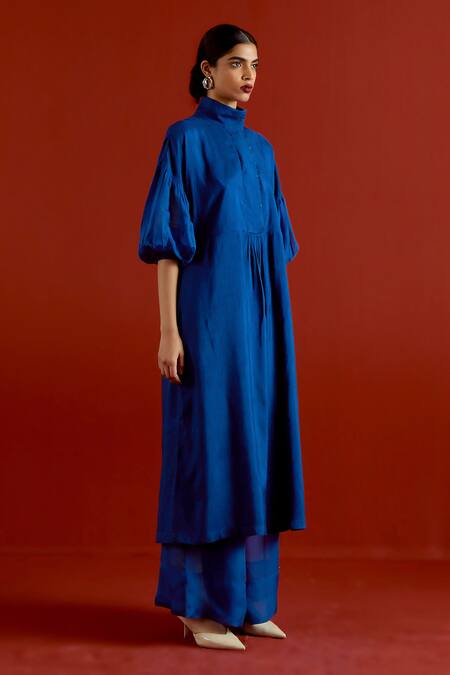 Shop_Three_Blue Silk, Organza Turtle Neck Tunic Pant Set _Online_at_Aza_Fashions