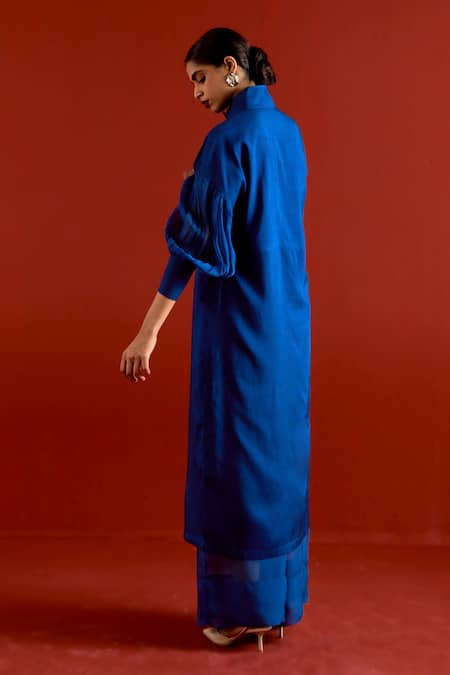 Three_Blue Silk, Organza Turtle Neck Tunic Pant Set _Online_at_Aza_Fashions