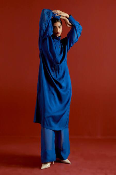 Three_Blue Silk, Organza Turtle Neck Tunic Pant Set _at_Aza_Fashions