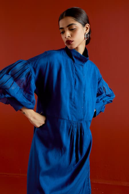 Shop_Three_Blue Silk, Organza Turtle Neck Tunic Pant Set 