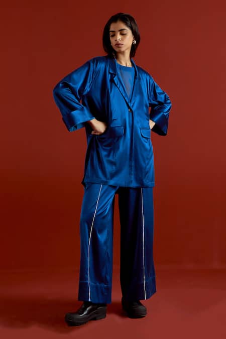 Three Blue Wide Sleeve Jacket & Pant Set 