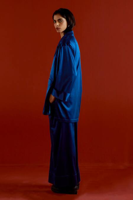 Buy_Three_Blue Satin, Lycra Embroidery Open Neck Wide Sleeve Jacket And Pant Set _Online_at_Aza_Fashions