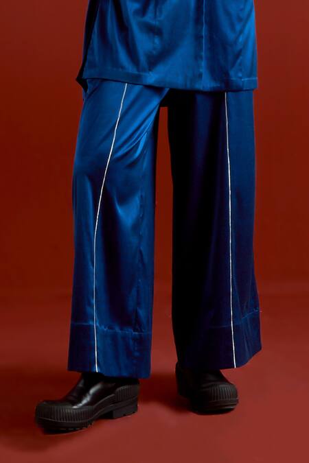 Shop_Three_Blue Satin, Lycra Embroidery Open Neck Wide Sleeve Jacket And Pant Set _Online_at_Aza_Fashions