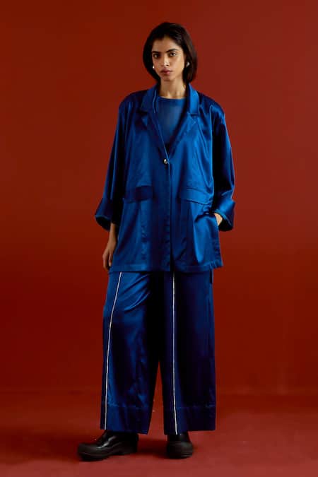 Three Blue Satin, Lycra Embroidery Open Neck Wide Sleeve Jacket And Pant Set 