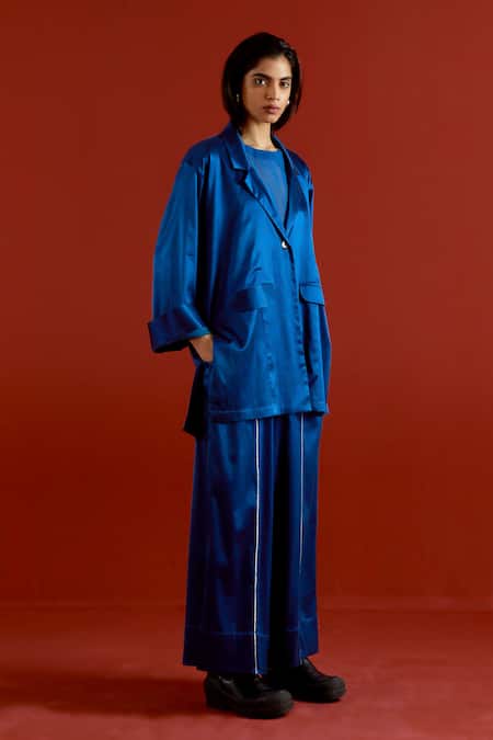 Three_Blue Satin, Lycra Embroidery Open Neck Wide Sleeve Jacket And Pant Set _at_Aza_Fashions