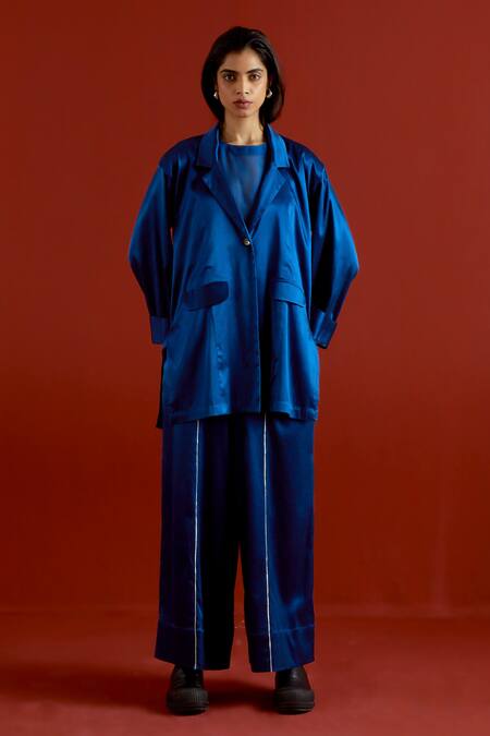 Buy_Three_Blue Satin, Lycra Embroidery Open Neck Wide Sleeve Jacket And Pant Set 