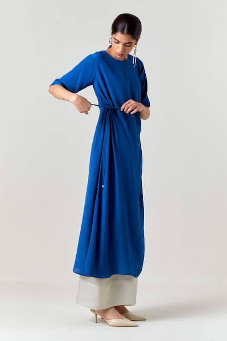 Buy_Three_Blue Crepe, Tissue Round Neck Ruching Tunic With Pant _Online_at_Aza_Fashions