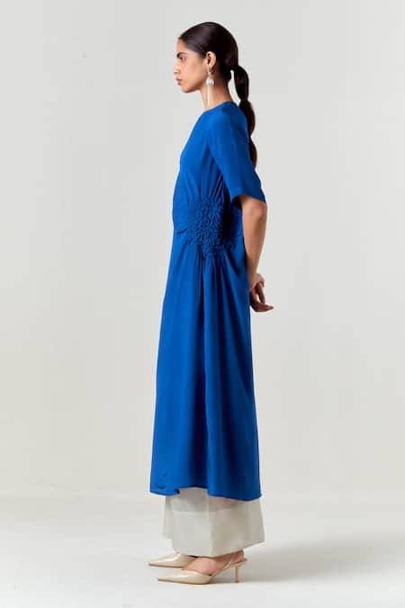 Shop_Three_Blue Crepe, Tissue Round Neck Ruching Tunic With Pant _Online_at_Aza_Fashions